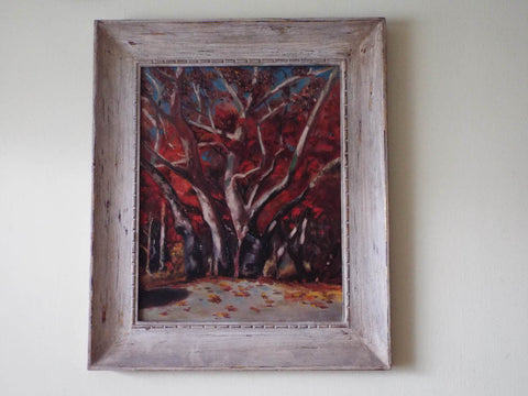 Vintage Framed Oil on Canvas Painting Autumn Fall Landscape Art Red Wooded Copse