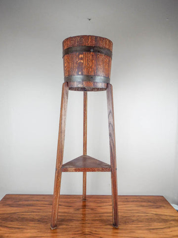 Antique English Oak Jardiniere Plant Pot Holder Tripod Base by R A Lister & Co