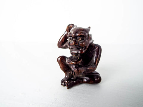 RL Antique Wooden Japanese Demon Oni Katabori Netsuke 1.75" Meiji Period Carving