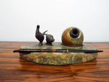 Antique Marble and Bronze Pheasant Inkwell Desk Set Figural Bird Statue Austrian