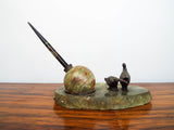 Antique Marble and Bronze Pheasant Inkwell Desk Set Figural Bird Statue Austrian