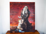 Vintage Large Signed H Hayden Oil Canvas Painting Red Painting Art Mother & Baby