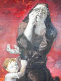 Vintage Large Signed H Hayden Oil Canvas Painting Red Painting Art Mother & Baby