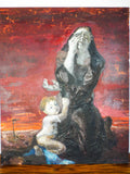Vintage Large Signed H Hayden Oil Canvas Painting Red Painting Art Mother & Baby